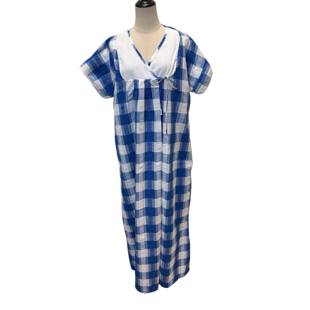 Vtg Buzz about Blue Gingham Housecoat Zip Front Cotton Cottagecore Robe Kimono‎